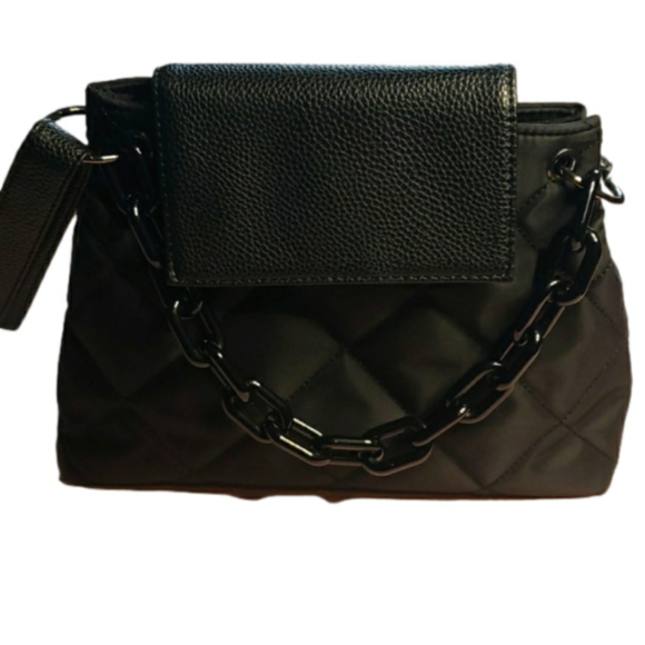 Funky black puffer quilted crossbody bag purse w plastic chain w long strap - Picture 2 of 9